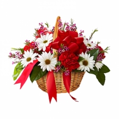 Корзинка с белыми ромашковыми хризантемами и ярко-красными гвоздиками